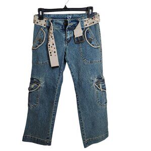 Vintage 90s Y2K One Tuff Babe‎ Capri Jeans Belt Cargo Cropped Sz 3/4 W26x22"